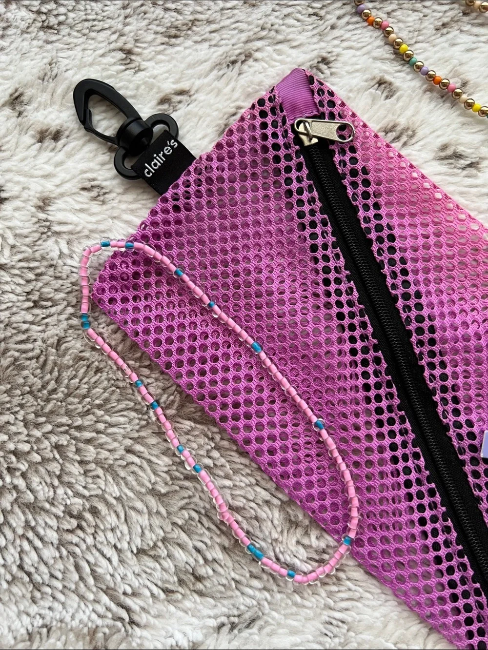 Assortment of Claire’s Necklaces & Purple Mesh Pouch